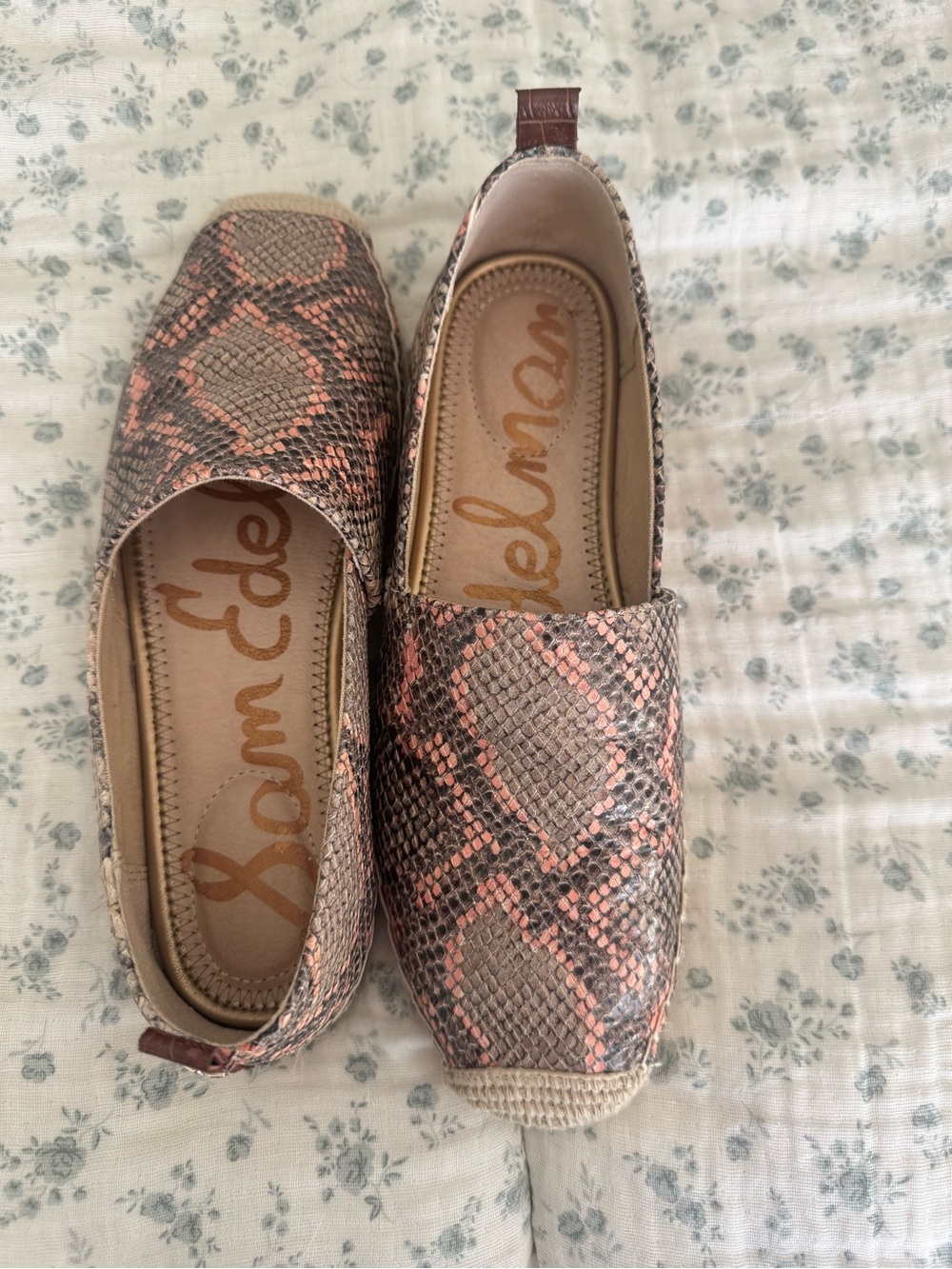 Sam Edelman Taupe and Pink Snake-Print Espadrille Flats